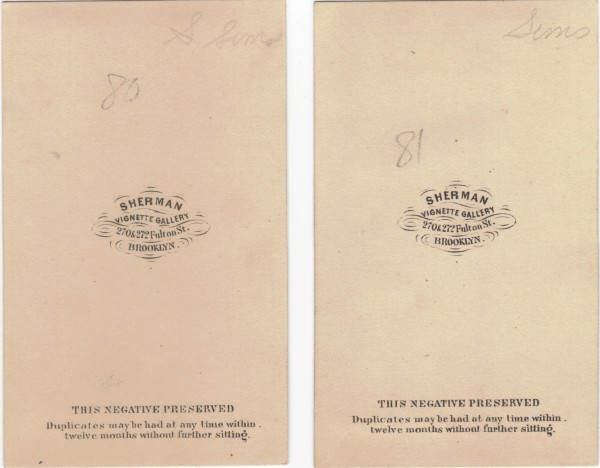 The backs of the carte de visite photographs. The one at left is of the male; the one at right is of the female.